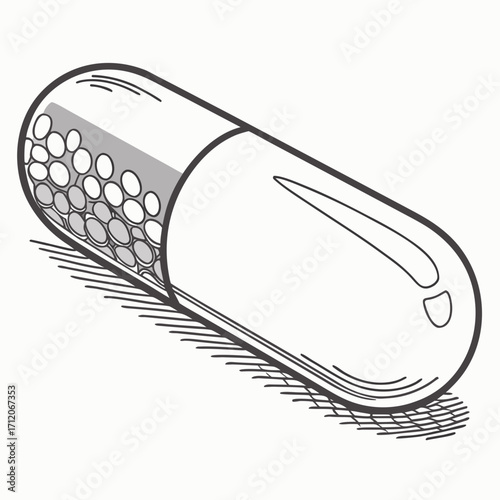 Hand drawn illustration of a single medical capsule with small pellets inside on a white background