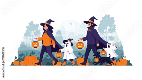 Halloween Adventure: A family adorned in festive attire, embarks on a Halloween escapade, parading amidst a pumpkin-laden landscape with excitement and unity.