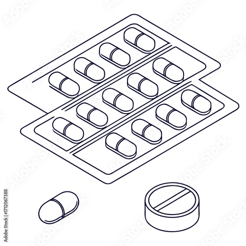 Isometric outline illustration of blister packs of pills and individual capsules and tablets