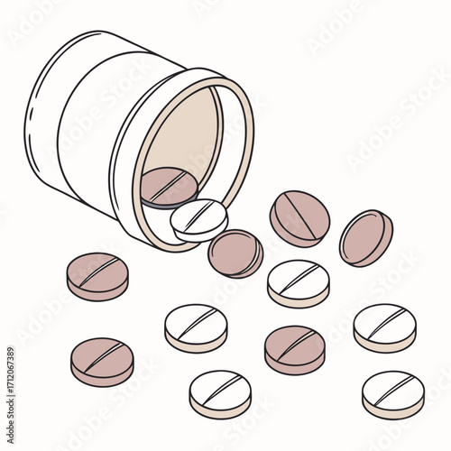 Illustration of a white pill bottle tipped over with several pink and white pills scattered on a white background