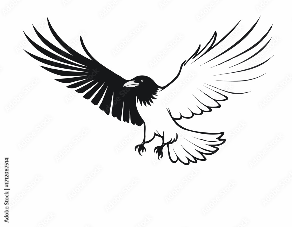 Fototapeta premium Raven flying silhouette hand drawn sketch illustration