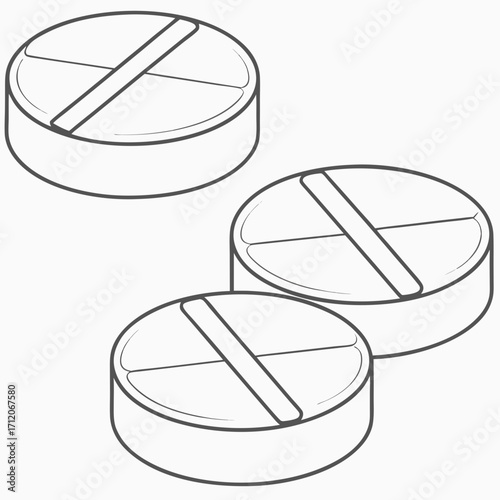 Three round white pills with a cross score line shown in an isometric perspective illustration