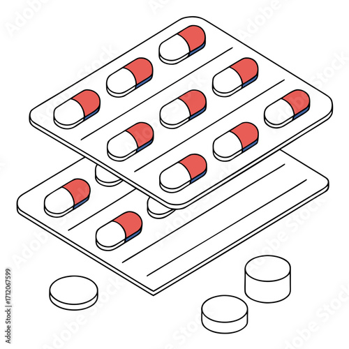 Two stacks of blister packs with red and white capsules and loose white pills on a white background