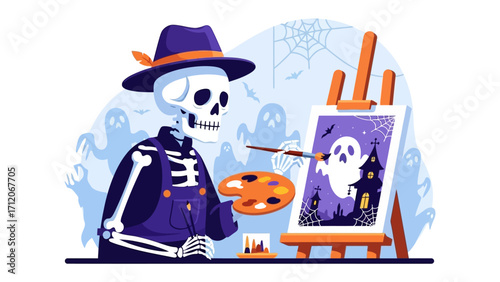 Halloween Artist: A skeletal artist with paintbrush in hand meticulously crafts a spooky masterpiece on canvas, surrounded by festive Halloween elements.