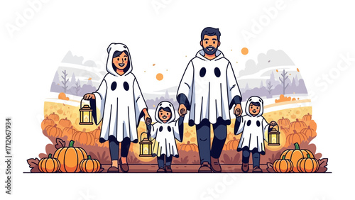 Family Halloween Celebration: A cheerful family dressed in whimsical ghost costumes strolls through an autumnal landscape, lanterns in hand, amidst pumpkins and seasonal foliage.