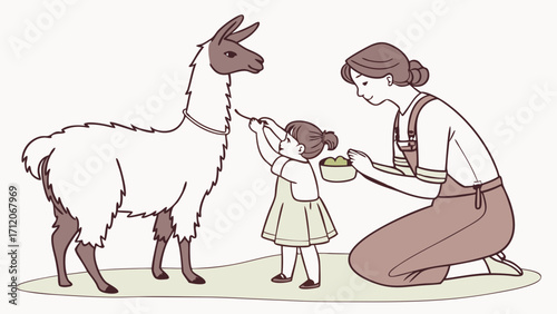 Illustration of a child feeding a llama with an adult present.