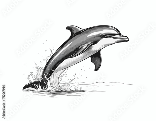 Cute dolphin sketch hand drawn engraving style Vector illustration
