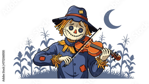 Melody of the Scarecrow: A whimsical scarecrow serenades under the gentle glow of the moon. Playing the violin in a delightful, hand-drawn style, adding a touch of artistic charm.
