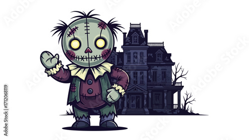 Spooky Character with Spooky House: An cartoon illustration of a eerie character stands before a haunted house, the scene conjuring the spirit of Halloween.