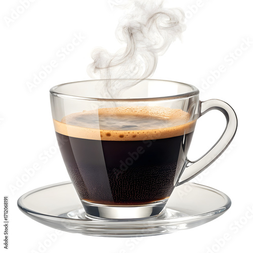 Steaming hot espresso in a clear glass cup on a saucer