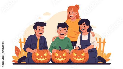 Family's Halloween Ritual: Capturing the essence of autumn, a family carves pumpkins, illuminated by the festive glow, creating a scene of togetherness and spooky delight.
