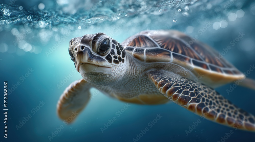 Fototapeta premium Sea turtle gracefully glides through crystal ocean waters a mesmerizing underwater view with sunlight dappling creating a tranquil peaceful scene