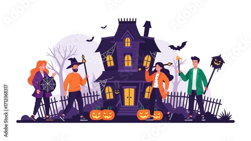 Spooky Halloween Gathering: A captivating illustration depicting friends in Halloween costumes, with a spooky house and festive pumpkins set the scene for a night of spooky fun.