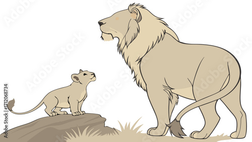 Lion cub looking up at adult lion wildlife illustration African animals family nature pride.