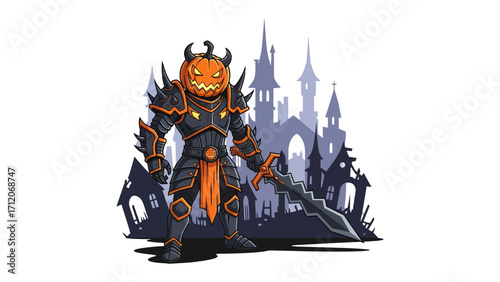 Pumpkin Knight: A formidable pumpkin knight stands resolute, a fierce warrior in imposing armor, brandishing a large sword against a backdrop of a haunted silhouette.