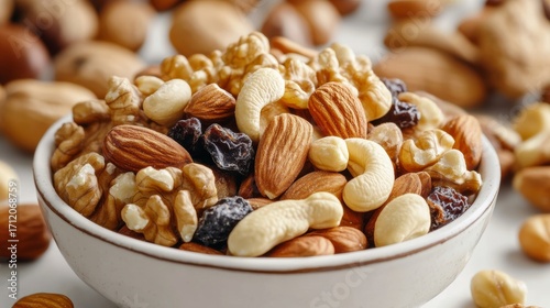 Variety of nuts and dates in a bowl.