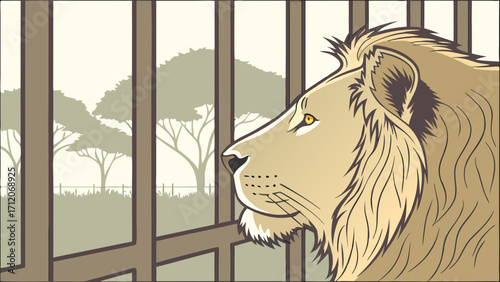 Lion looking through bars at landscape wildlife illustration zoo animal vector graphic.