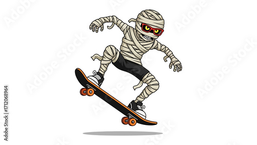 Mummy on Skateboard: A playful illustration of a mummy skateboarding, showcasing fun and a Halloween-themed activity. 