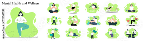 set of mental health and wellness vector illustrations, concepts for self-care, mindfulness practice and psychological well-being