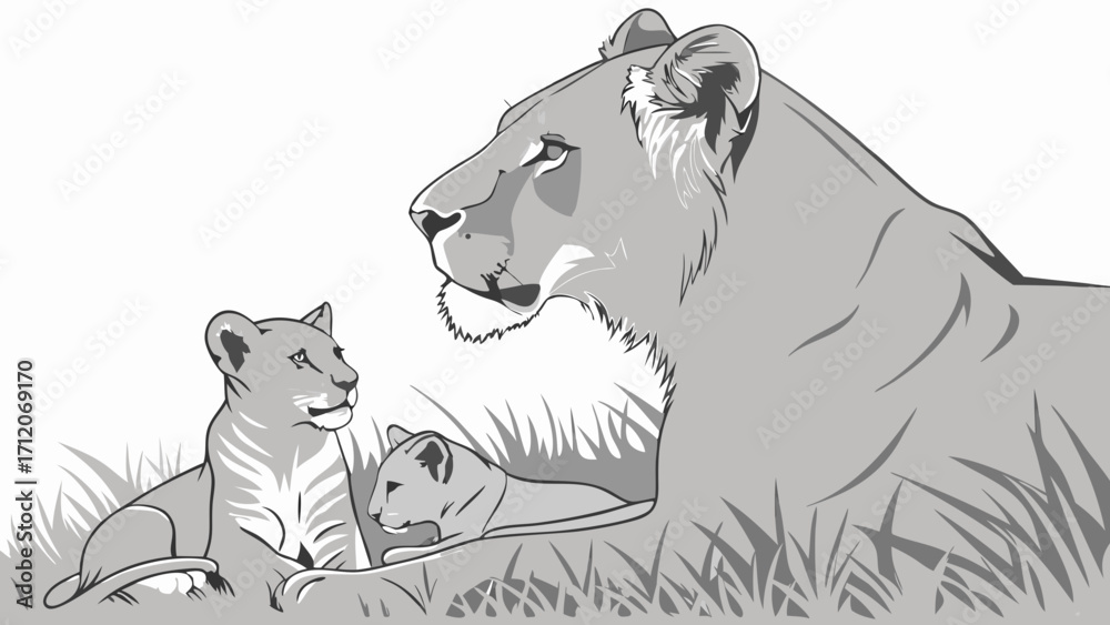 Lioness with Cubs in Grass Wildlife Illustration Gray Scale Vector Art.