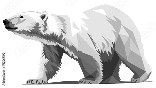 Low-poly illustration of a majestic polar bear wildlife animal arctic animal nature polygonal animal geometric animal monochrome grayscale digital art wildlife art vector illustration.