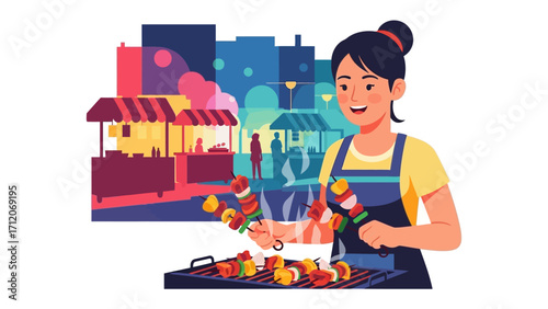 Street Food Vendor's Joy: A delightful street food vendor smiles, preparing a colorful skewer in a bustling urban scene, capturing the warmth and flavor of urban life.