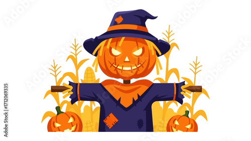 Spooky Scarecrow: A whimsical illustration showcases a grinning scarecrow, constructed from a jack-o'-lantern head, set amidst a backdrop of autumnal corn stalks, epitomizing Halloween.