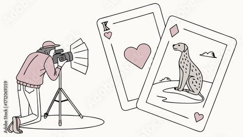 Photographer taking picture of a dog on a playing card with studio lighting.