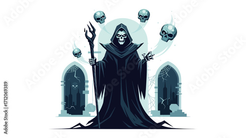 Summoning of The Grim Reaper: A cloaked figure, embodies the Grim Reaper, a symbol of mortality, stands with an aura of supernatural power amid an ominous, ethereal scene.