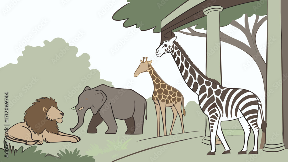 Obraz premium Safari Animals in a Park Setting Lion Elephant Giraffe Zebra Illustration.