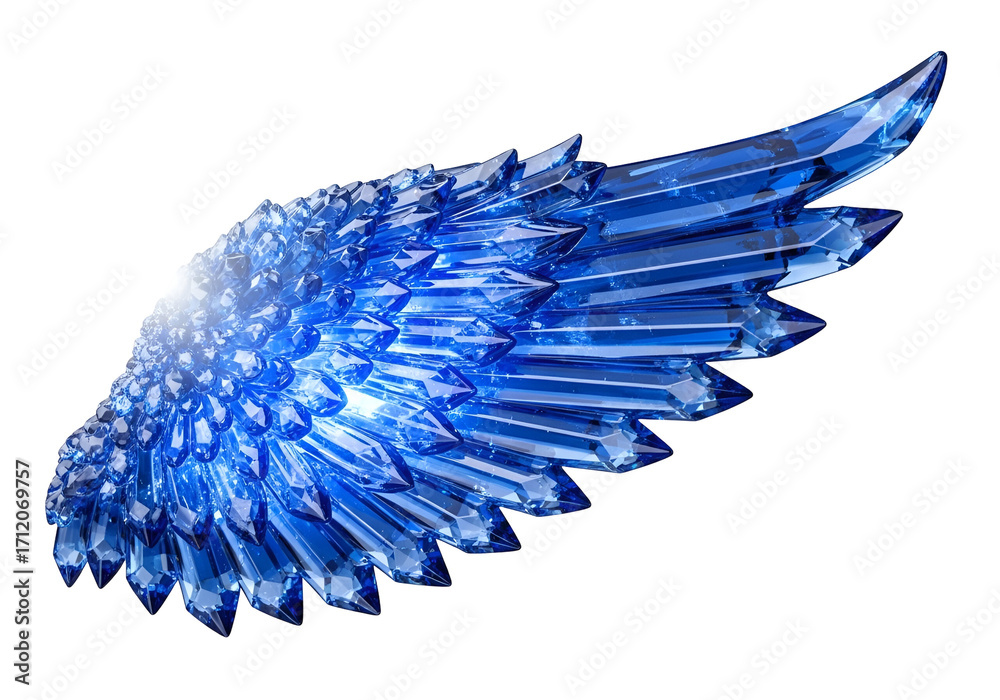 Fototapeta premium A striking, detailed wing composed of vibrant, multifaceted, brilliant blue crystals, set against a stark black background.