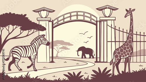 Safari Animals at the Entrance Gate African Wildlife Illustration Zoo Entrance Design Vintage Style Illustration.