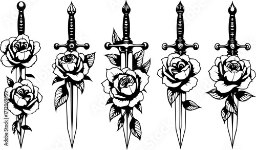 Rose and Dagger Tattoo Design – Gothic Floral Sword Illustration"