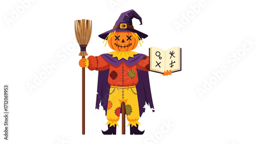 Halloween Scarecrow with Book: A whimsical scarecrow, with a pumpkin head and witch hat, clutches a magic book while holding a broom, celebrating Halloween.