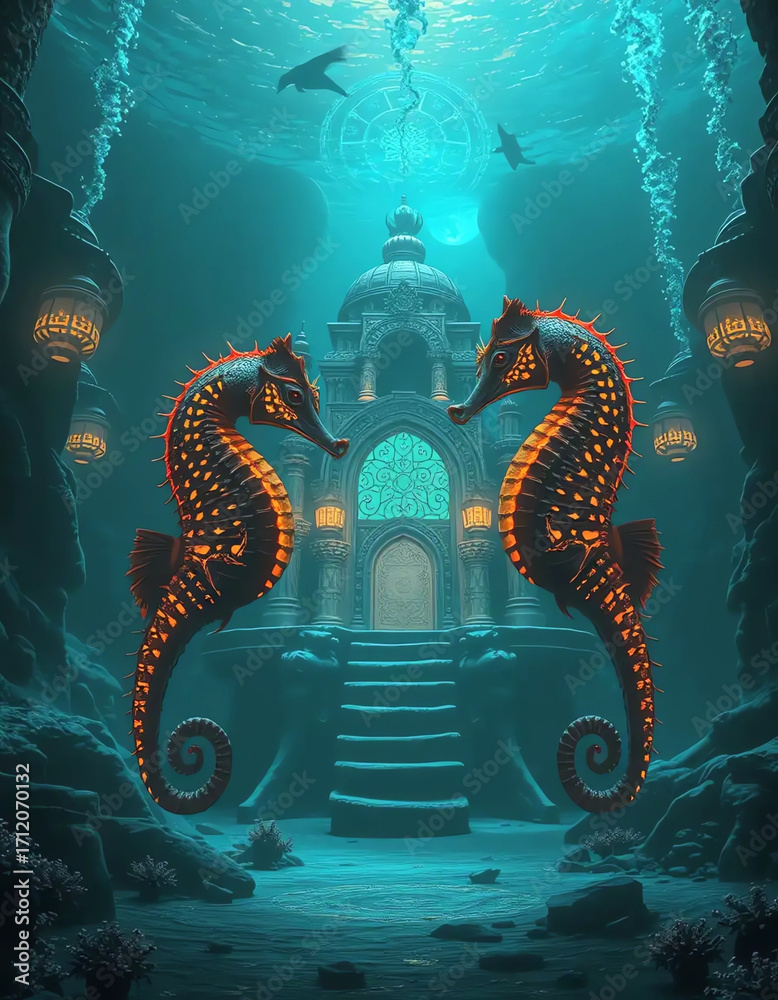 Fototapeta premium Mystical Seahorses Guarding an Ancient Underwater Temple