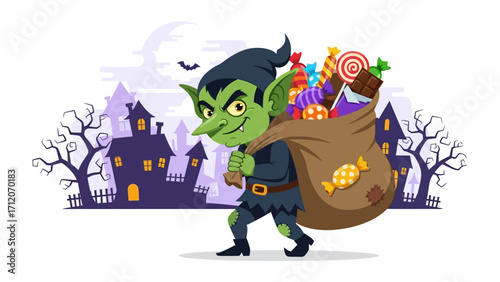 The Mischievous Goblin's Halloween Haul: A playful illustration depicts a goblin, gleefully hauling a bountiful sack overflowing with Halloween sweets, amidst a spooky.
