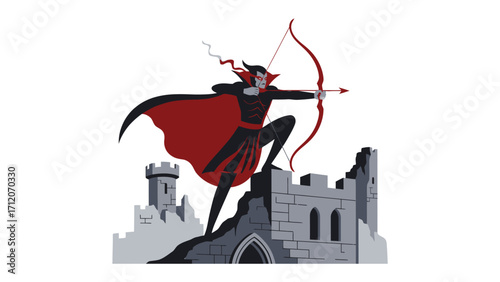 Archer of the night: A mysterious archer, cloaked in a crimson cape, draws his bow atop a castle ruin, with a determined expression and sharp focus, the scene captures a cinematic tale of courage.