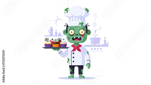 Zombie Chef with Cupcakes: A cartoonish zombie chef presents a tray of cupcakes in a clean kitchen setting.