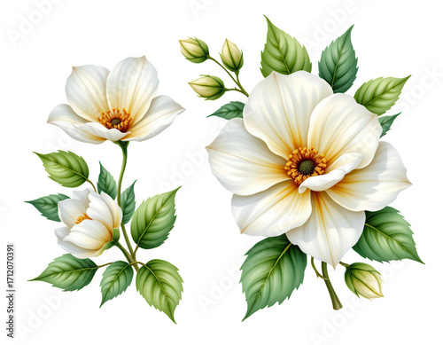 Beautiful White Flowers with Leaves and Buds for Artistic Design