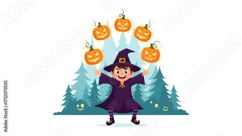 Magical Halloween Celebration: A playful illustration of a witch happily juggling several carved pumpkins on a backdrop of mystical forest and whimsical trees.
