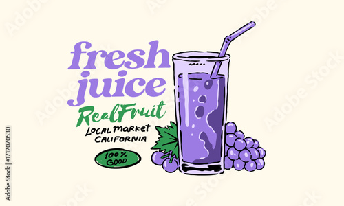 Retro grape juice artwork of a glass of fresh . Vintage illustration for a local California market, t shirt print, poster