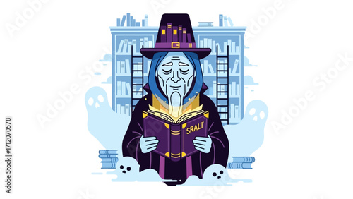 Wizard's Mystical Read: A stoic wizard, bathed in the soft glow of a magical library, delves into an ancient tome, evoking the mystical nature of the unknown.