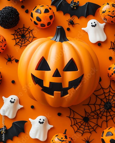 Flat lay Halloween pumpkin with candy tiny ghosts glowing lanterns delicate spiderwebs pastel colors, soft studio lighting, minimal composition premium stock photo