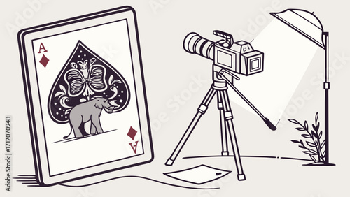 Studio Photography Setup with Ace of Spades Card and Camera on Tripod.
