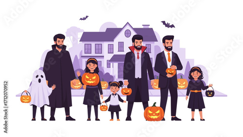 Spooky Family Gathering: A fun group in Halloween costumes stands cheerfully in front of a spooky house, ready for trick-or-treating, filled with pumpkins, bats, ghosts, and the spirit of the holiday.