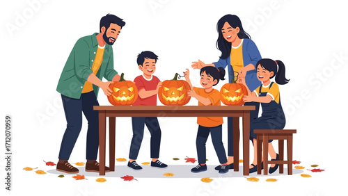 Family Halloween: A vibrant illustration captures a family's Halloween pumpkin carving activity, filled with creativity and togetherness. Joyful moments shared.