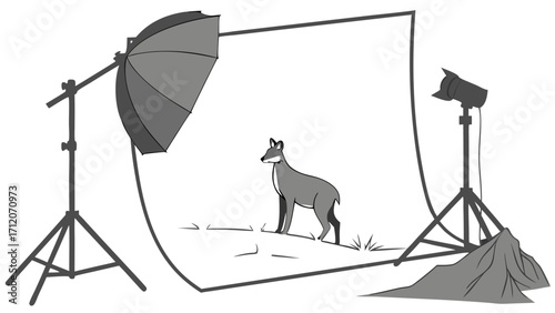 Studio Photography Setup with Animal Subject Lighting Equipment and Backdrop.