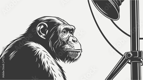 Studio Portrait of a Chimpanzee Black and White Illustration Vintage Style Animal Photography Wildlife Art Ape Illustration.