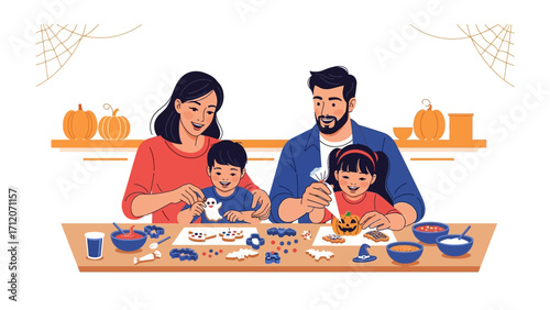 Cozy Halloween Crafting: A family shares an intimate moment, engrossed in creating festive decorations on a table adorned with pumpkins and cobwebs.
