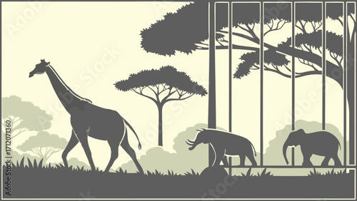 Stylized Safari Animals Silhouette Giraffe Elephant Rhino African Wildlife Zoo Illustration Vintage Poster Design.